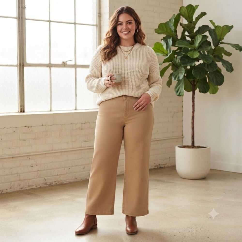 Torrid Wide Leg Pants Tan Khaki Plus Size Cotton Blend Trousers Size 14R Chic